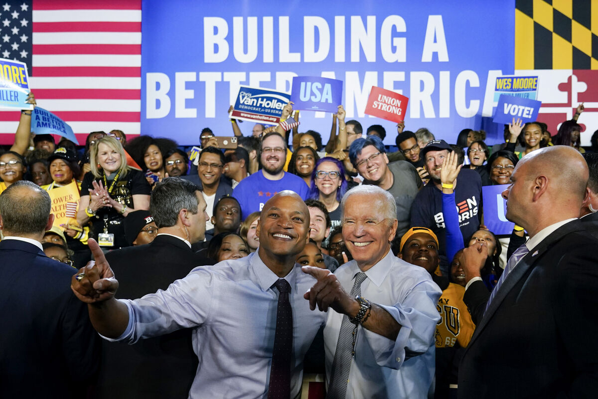 President Joe Biden poses for photos with Maryland Democratic Governor Wes Moore during a campaign rally at Bowie State University. Picture: AP Photo/Susan Walsh
