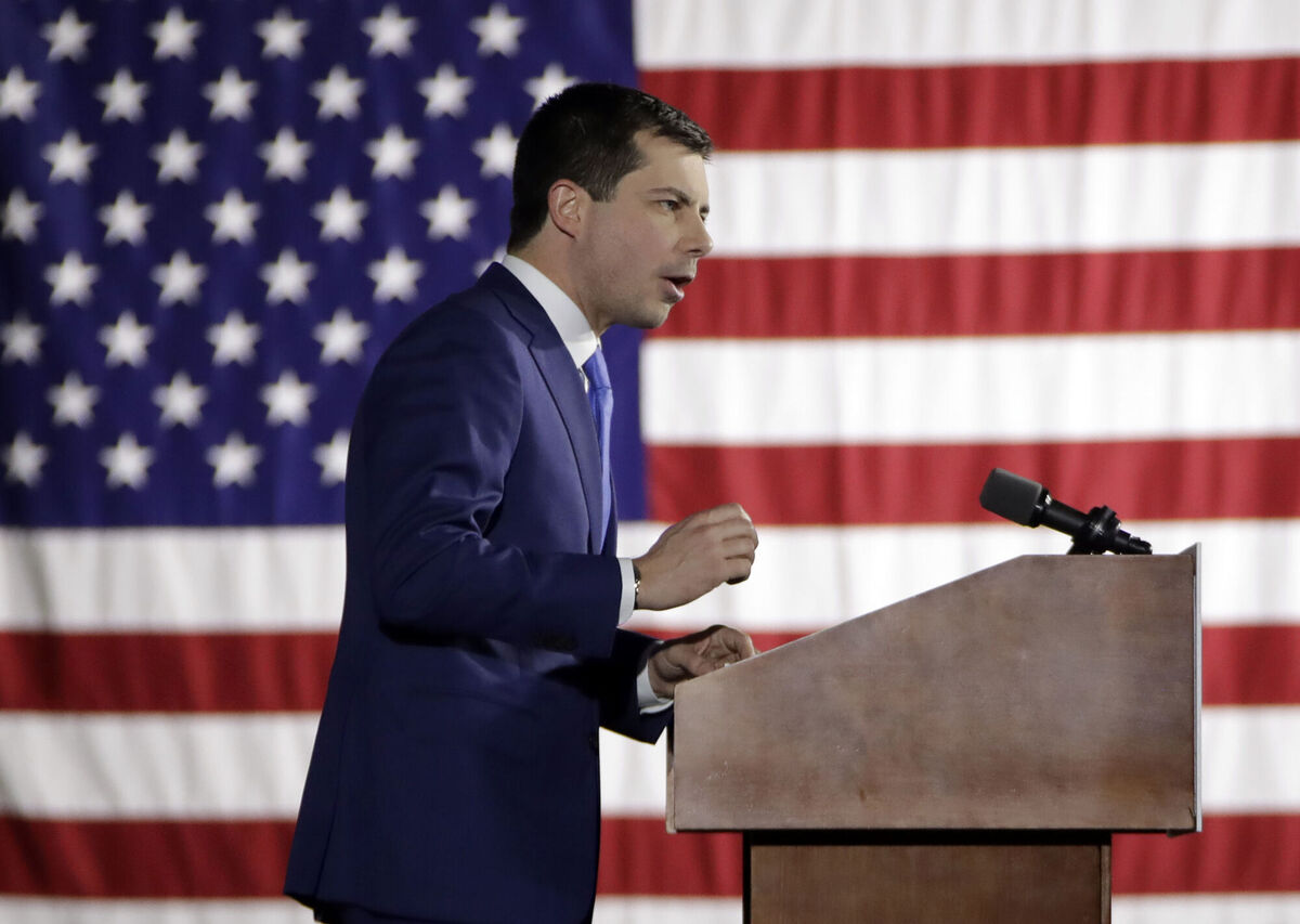US transportation secretary Pete Buttigieg speaks to supporters in Des Moines, Iowa. Picture: AP Photo/Gene J. Puskar