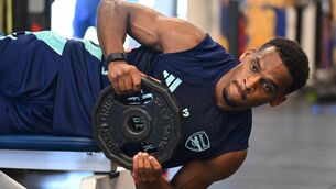 <p>STRONGER THAN OAK: Arsenal's Jurrien Timber is back from an ACL nightmare and fighting fit for the new Premier League season. Here he works out at the Los Angeles Rams practice facility. Pic: Stuart MacFarlane/Arsenal FC via Getty Images</p>