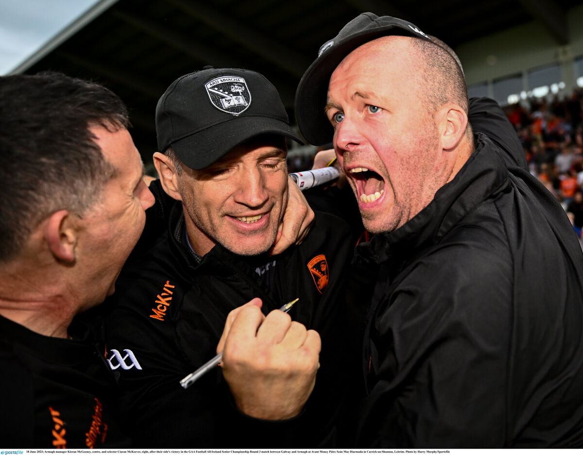Armagh manager Kieran McGeeney, centre, and selector Ciaran McKeever, right, after their side's victory over Galway in the 2023 All-Ireland SFC group stage match. Picture: Harry Murphy/Sportsfile