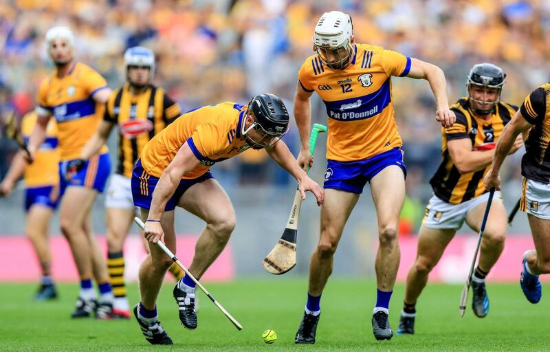 GAA Hurling All-Ireland Senior Championship Semi-Final, Croke Park, Dublin 9/7/2023 Clare vs Kilkenny Clare's Tony Kelly with Ryan Taylor Mandatory Credit ©INPHO/Evan Treacy