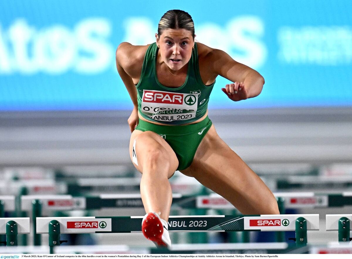 Kate O'Connor of Ireland competes in the 60m hurdles in the women's Pentathlon at the 2023  European Indoor Athletics Championships. Photo by Sam Barnes/Sportsfile