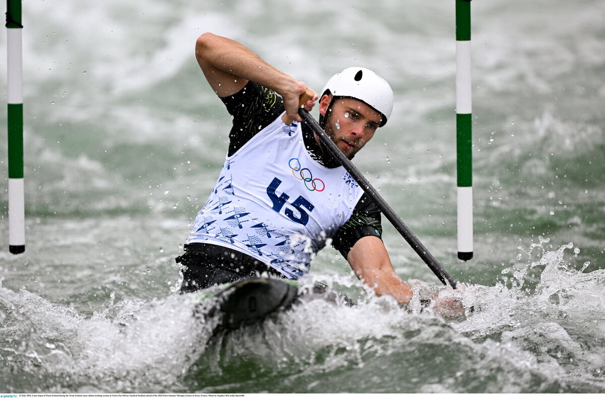 Liam Jegou of Team Ireland during a canoe slalom training session at Vaires-Sur-Marne Nautical Stadium ahead of the 2024 Paris Summer Olympic Games in Paris, France. Photo by Stephen McCarthy/Sportsfile