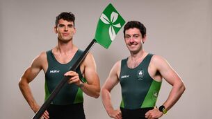 <p>Philip Doyle and Daire Lynch during the Team Ireland Paris 2024 rowing team announcement at the National Rowing Centre in Cork. Photo by Ramsey Cardy/Sportsfile </p>