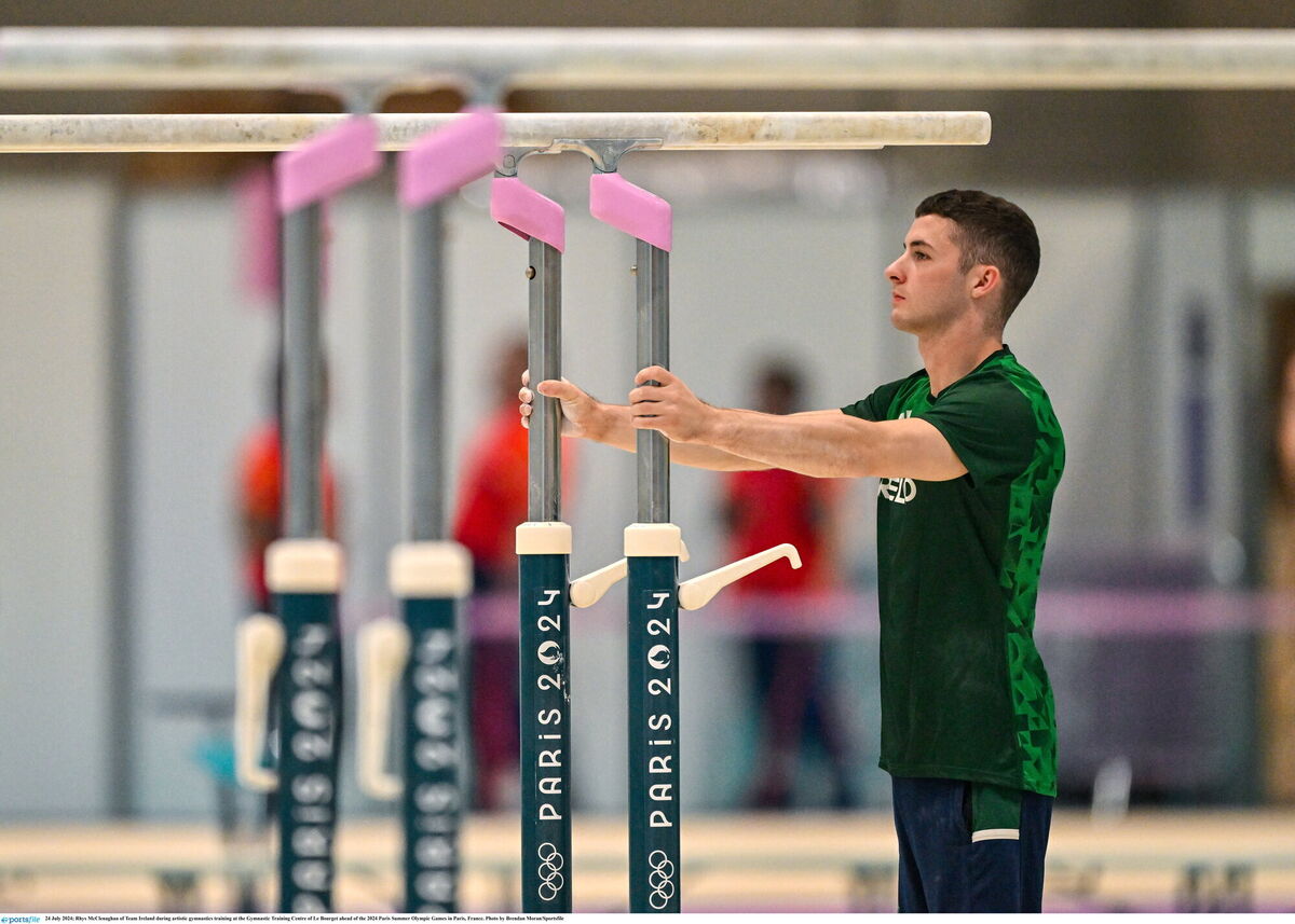 Rhys McClenaghan during artistic gymnastics training at the Gymnastic Training Centre of Le Bourget ahead of the 2024 Paris Summer Olympic Games in Paris, France. Photo by Brendan Moran/Sportsfile