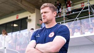 <p>Shelbourne manager Damien Duff r. Pic: Jorge Ropero Romero, Sportsfile</p>