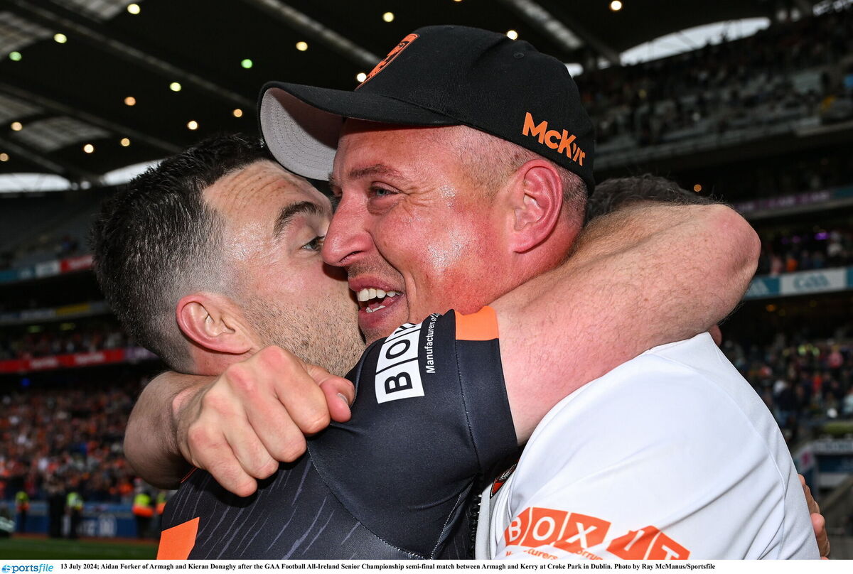 Armagh's Aidan Forker and Kieran Donaghy after the All-Ireland SFC semi-final match between Armagh and Kerry. Pic: Ray McManus, Sportsfile