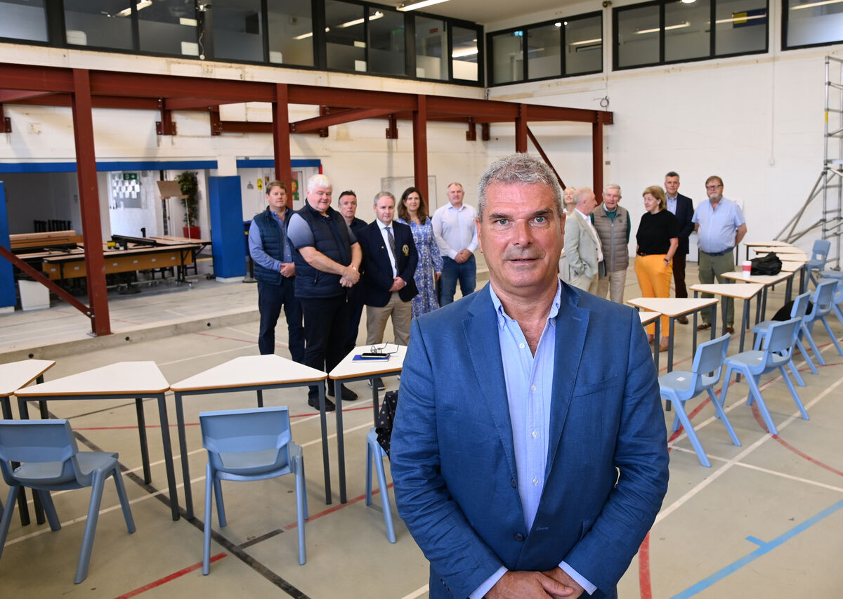 Fergal McCarthy (blue suit), the principal Kinsale community college with various representatives from the local community in the hall which will converted into a 400-seat theatre. Picture: Eddie O'Hare Fergal McCarthy (blue suit), the principal Kinsale community college with various representatives from the local community in the hall which will converted into a 400-seat theatre. Picture: Eddie O'Hare
