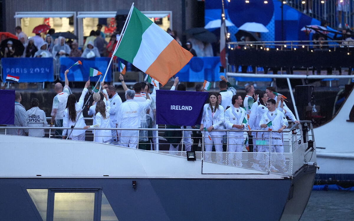 The Irish team including flagbearer Sarah Lavin on a boat on the Seine during the opening ceremony of the Paris 2024 Olympic Games. Picture: Martin Rickett/PA 