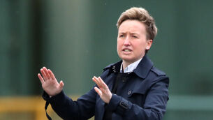 <p>BANNED: Bev Priestman gestures on the touchline</p>