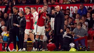 <p>Manchester United's Jonny Evans and manager Erik ten Hag during the Premier League match at Old Trafford, Manchester. Picture date: Wednesday May 15, 2024.</p>