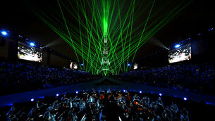 <p>A light display on the Eiffel Tower during the opening ceremony of the Paris 2024 Olympic Games. </p>