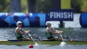 <p>LAYING DOWN THE GAUNTLET: Ireland's Paul O'Donovan and Fintan McCarthy compete in the lightweight men's double sculls rowing heat. Pic: AP Photo/Ebrahim Noroozi.</p>