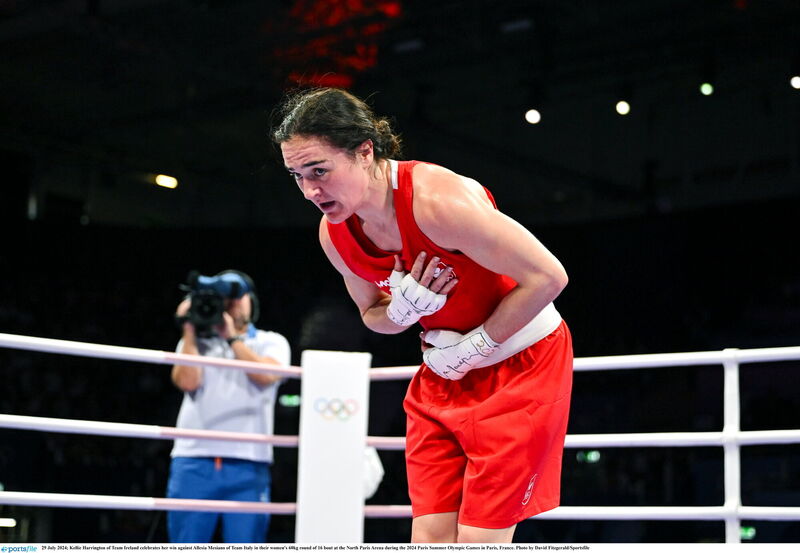 Kellie Harrington celebrates her win against Allesia Mesiano of Team Italy in their women's 60kg round of 16 bout at the North Paris Arena during the 2024 Paris Summer Olympic Games in Paris, France. Picture: David Fitzgerald/Sportsfile Kellie Harrington celebrates her win against Allesia Mesiano of Team Italy in their women's 60kg round of 16 bout at the North Paris Arena during the 2024 Paris Summer Olympic Games in Paris, France. Picture: David Fitzgerald/Sportsfile