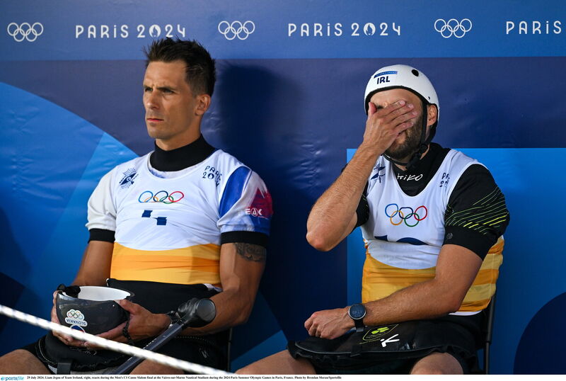 Liam Jegou of Team Ireland, right, reacts during the Men's C1 Canoe Slalom final. Photo by Brendan Moran/Sportsfile Liam Jegou of Team Ireland, right, reacts during the Men's C1 Canoe Slalom final. Photo by Brendan Moran/Sportsfile