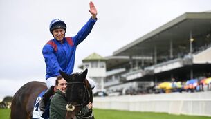 <p class="contextmenu internal_Caption">VICTORY SALUTE: Sirius and David Dunsdon with groom Rachel Sullivan celebrate victory in the Connacht Hotel (QR) Handicap at Galway yesterday. <span class="contextmenu emphasis CaptionCredit">Pic: Healy Racing</span>
            </p>