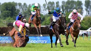 <p>Jet Setting Jim (left) was unlucky not to make a winning chasing debut at Tipperary, where he crumpled on landing at the lsat. He can gain compensation in the Latin Quarter Beginners’ Chase. Pic:  Healy Racing</p>