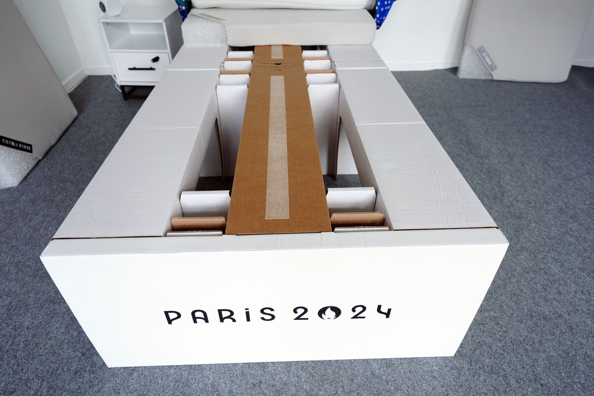A general view of a bed, made from cardboard, which will be used by athletes at the Olympic Village site in Paris. A general view of a bed, made from cardboard, which will be used by athletes at the Olympic Village site in Paris.