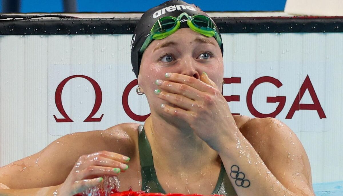 Mona McSharry of Team Ireland after winning bronze in the women's 100m breaststroke final at the Paris La Défense Arena. Picture: Ian MacNicol/Sportsfile