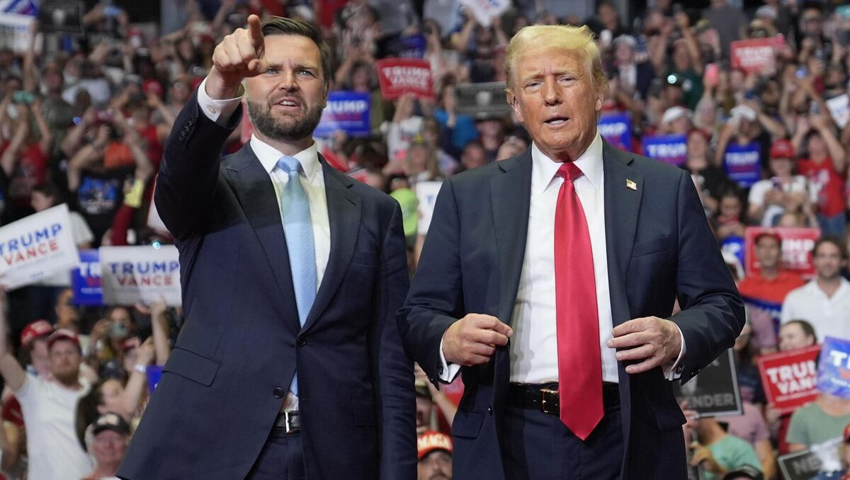 Republican presidential candidate Donald Trump and Republican vice presidential candidate  JD Vance at a recent campaign rally in Grand Rapids, Michigan, USA. Picture: Evan Vucci/AP