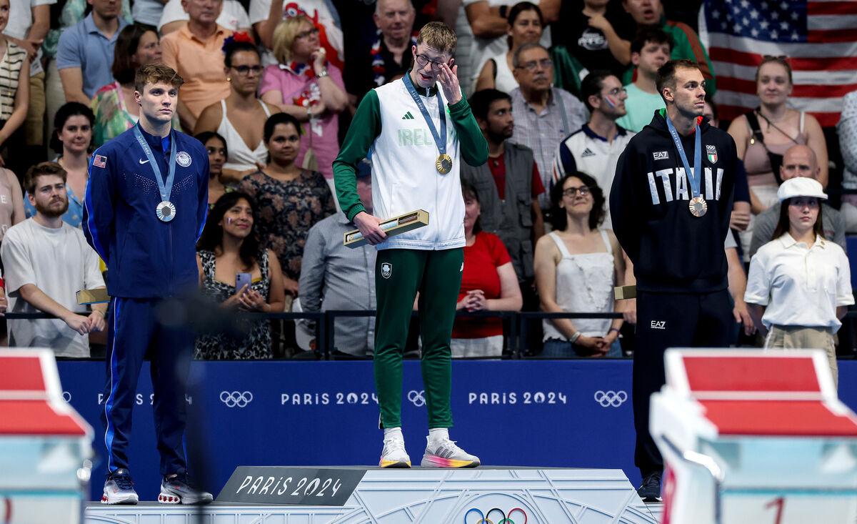 GOLDEN BOY: Ireland’s Daniel Wiffen becomes emotional as the Irish national anthem is played. Picture: ©INPHO/James Crombie