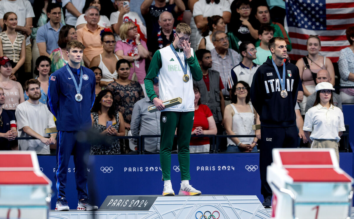 Ireland’s Daniel Wiffen becomes emotional as the Irish national anthem is played