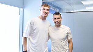 <p>Jake O'Brien with Seamus Coleman after signing for Everton. Pic: Everton FC.</p>