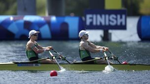<p>Ireland's Paul O'Donovan and Fintan McCarthy compete in the lightweight men's double sculls rowing heat. Pic: Ebrahim Noroozi, AP</p>