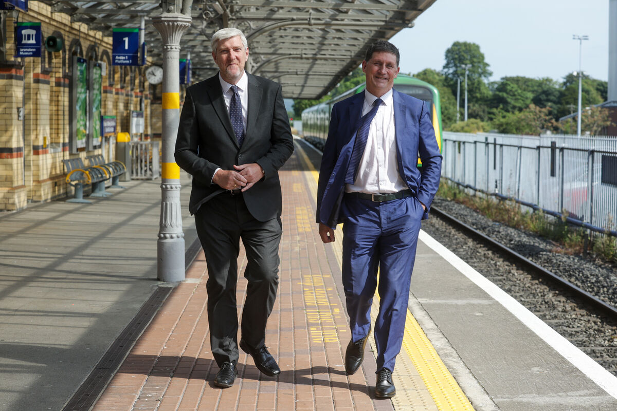 Infrastructure Minister James O’Dowd and Transport Minister Eamon Ryan at the launch of the All-Ireland Rail Review. Picture: Maxwells