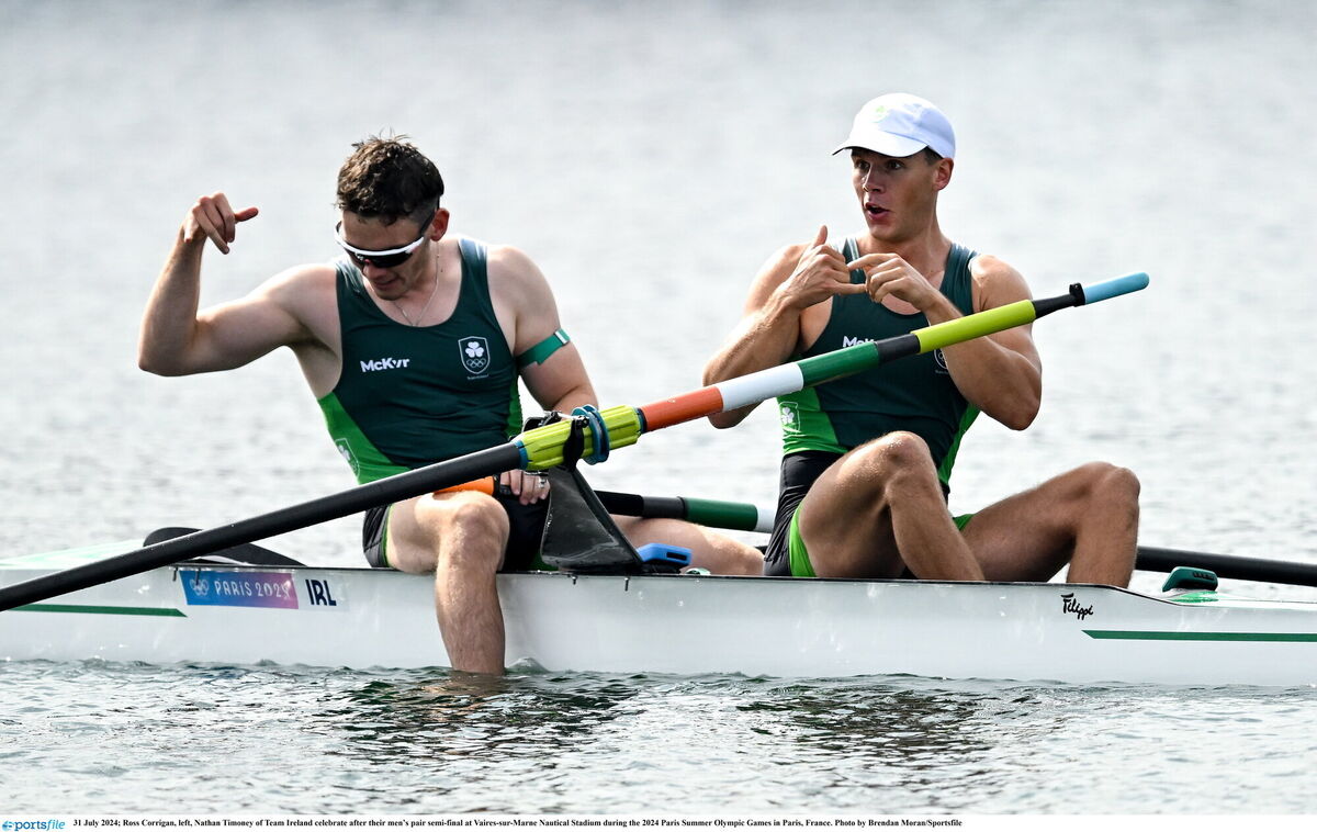 Ross Corrigan, left, Nathan Timoney of Team Ireland celebrate after their men’s pair semi-final at Vaires-sur-Marne Nautical Stadium during the 2024 Paris Summer Olympic Games in Paris, France. Photo by Brendan Moran/Sportsfile Ross Corrigan, left, Nathan Timoney of Team Ireland celebrate after their men’s pair semi-final at Vaires-sur-Marne Nautical Stadium during the 2024 Paris Summer Olympic Games in Paris, France. Photo by Brendan Moran/Sportsfile