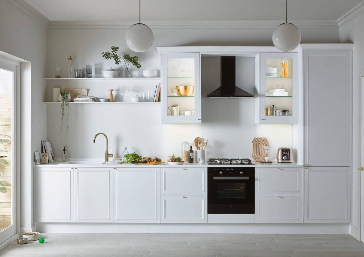 Artemisia white Shaker kitchen, eight units from €2941, B&Q. Artemisia white Shaker kitchen, eight units from €2941, B&Q.