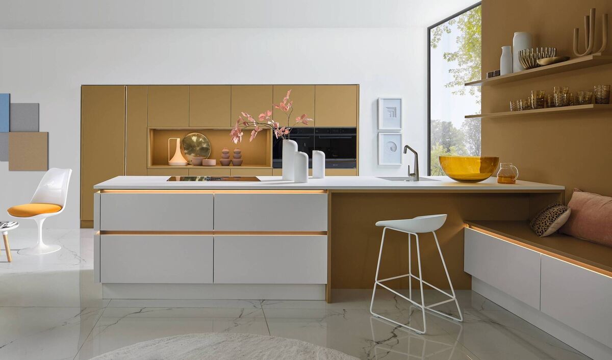 Caramel and white cabinets, manganese bronze tracks, about €27,500, Kube Interiors (Ireland). Caramel and white cabinets, manganese bronze tracks, about €27,500, Kube Interiors (Ireland).
