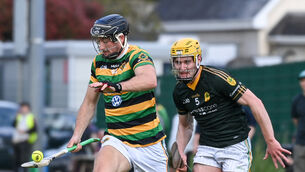 <p> Glen Rovers' Simon Kennefick is chased by Blackrock's Joe Golden, during their SHL clash at the Glen Field. Picture: David Keane. </p>