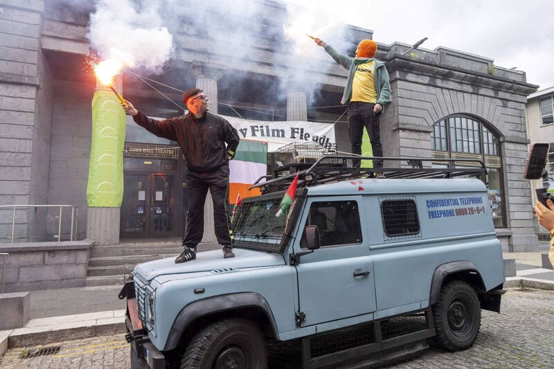 Members of Kneecap arriving recently at  Galway Film Fleadh for the Irish premiere of their new film. Picture: Andrew Downes