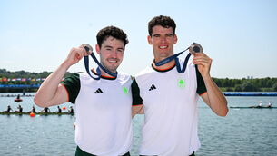 <p>BRONZE: Philip Doyle, right, and Daire Lynch celebrate with their bronze medals after the men's double sculls A final at Vaires-sur-Marne Nautical Stadium. Picture: Stephen McCarthy/Sportsfile</p>