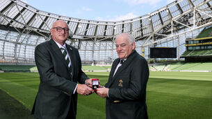 <p>NEW ROLE: Outgoing IRFU President Greg Barrett with incoming IRFU President Declan Madden. Picture: ©INPHO/Dan Sheridan</p>
