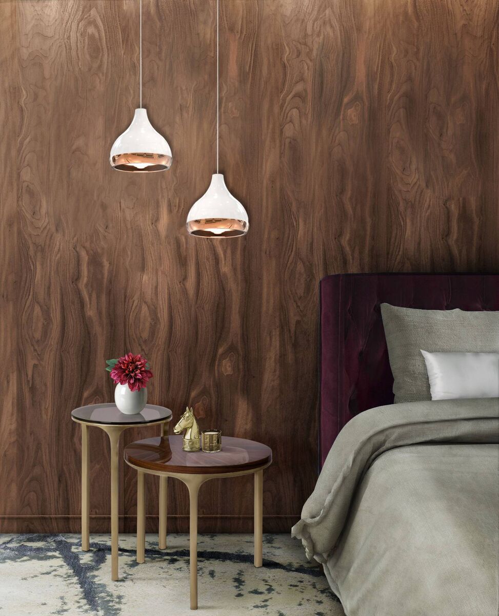 Double hanging Hanna pendants make good use of a smaller bedroom, where table lamps would intrude on surface room. Aluminium, brass and glass, €509 in black or white, Delightfull. Double hanging Hanna pendants make good use of a smaller bedroom, where table lamps would intrude on surface room. Aluminium, brass and glass, €509 in black or white, Delightfull.