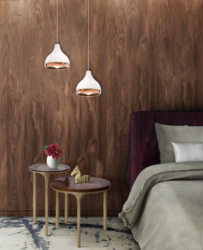Double hanging Hanna pendants make good use of a smaller bedroom, where table lamps would intrude on surface room. Aluminium, brass and glass, €509 in black or white, Delightfull.