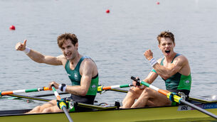 <p>LEGENDS: Ireland’s Paul O’Donovan and Fintan McCarthy celebrate after winning gold in the lightweight men's double sculls final. Picture: ©INPHO/Morgan Treacy</p>