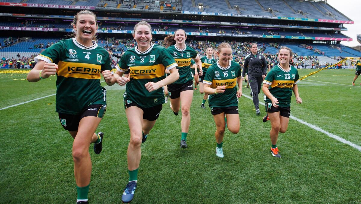 Kerry's Ciara Murphy, Eilis Lynch, Kayleigh Cronin, Katie Brosnan and Ciara O'Brien celebrate winning
