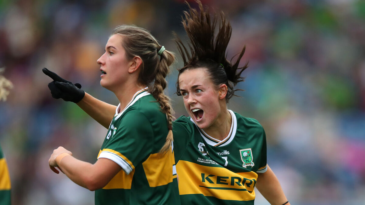 Kerry's Aoife Dillane celebrates scoring a goal with Ciara Murphy. Picture: ©INPHO/Leah Scholes