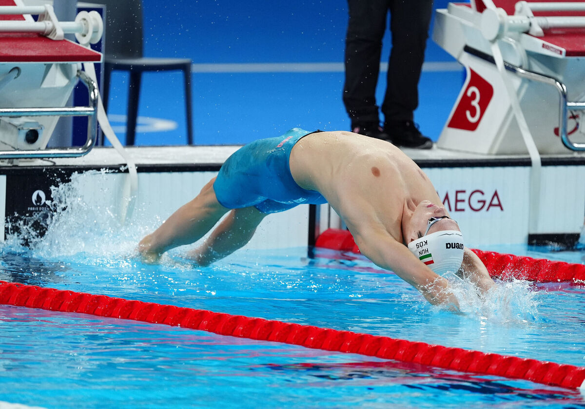 Hungary’s Hubert Kos in action during in the men’s 200m backstroke final at the Paris La Defense Arena on the sixth day of the 2024 Paris Olympic Games. Pic: Peter Byrne/PA Wire.