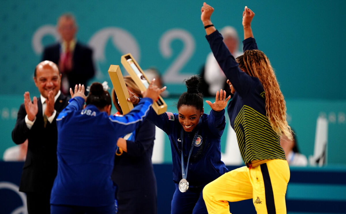 Rebeca Andrade, right, of Brazil edged Simone Biles for gold on the floor exercise on Monday afternoon. Picture: Mike Egerton/PA Wire