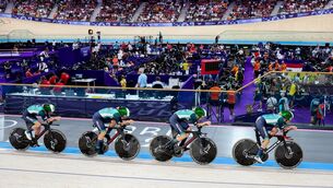<p>Ireland’s Lara Gillespie, Mia Griffin,Kelly Murphy and Alice Sharpe in action during the team pursuit. Picture: ©INPHO/Morgan Treacy</p>