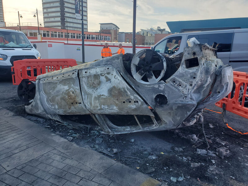 A burnt out car after disorder broke out in Sunderland. A burnt out car after disorder broke out in Sunderland.