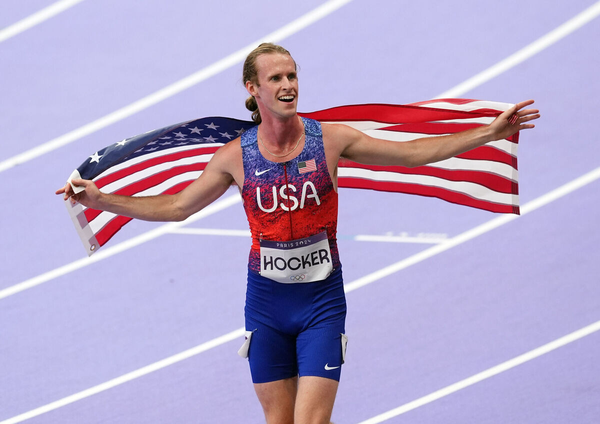 USA's Cole Hocker celebrates winning the Men's 1500m Final. Picture: Martin Rickett/PA Wire.