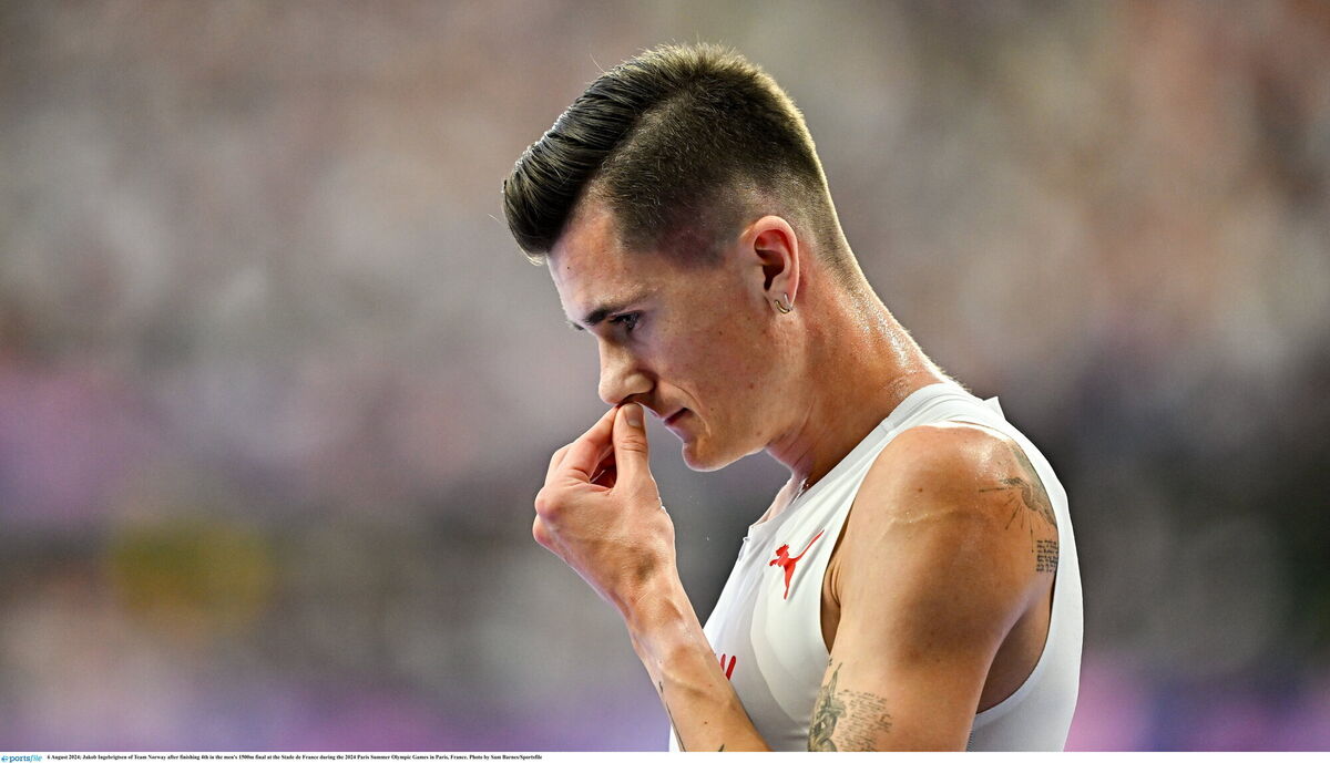 Jakob Ingebrigtsen of Team Norway after finishing 4th in the men's 1500m final. Photo by Sam Barnes/Sportsfile