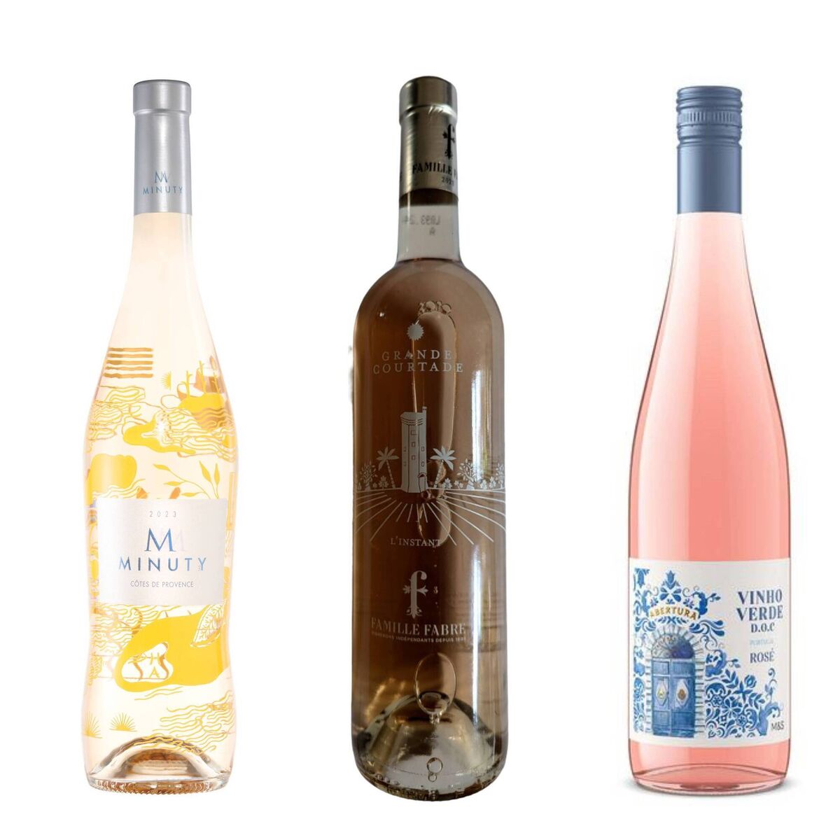 From left: ‘M’ Minuty Rosé Limited Edition, Famille Fabre ‘L’Instant’ Rosé, and M&amp;S Vinho Verde Rosé