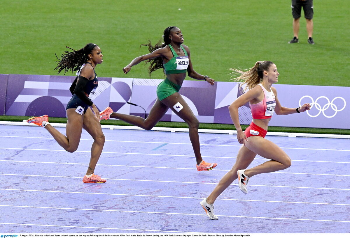 Rhasidat Adeleke of Team Ireland, centre, on her way to finishing fourth. Picture: Brendan Moran/Sportsfile