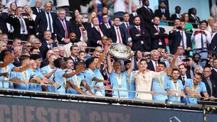 <p>RAISE YOUR SHIELD: Manchester City celebrate with the trophy after their side’s victory in the FA Community Shield match at Wembley Stadium. Pic: Adam Davy/PA Wire.</p>